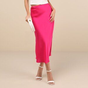 Lulus Sleek Proposition Fuchsia Satin Bow Midi Skirt Pink - Size M